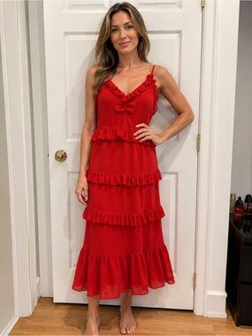 Michael Kors Red Ruffle-Tiered Midi Slip Dress